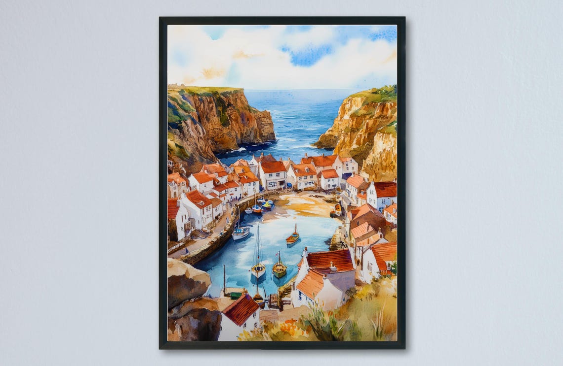 Staithes Yorkshire Fishing Village Between Cliffs Watercolor Poster