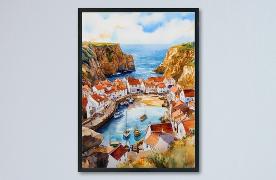 Staithes Yorkshire Fishing Village Between Cliffs Watercolor Poster