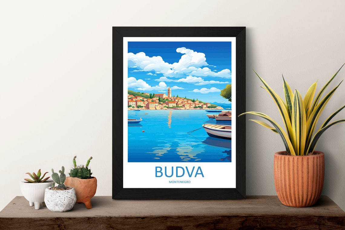 Budva Montenegro Coastal Travel Poster With Harbor Boats Artwork - Image 3