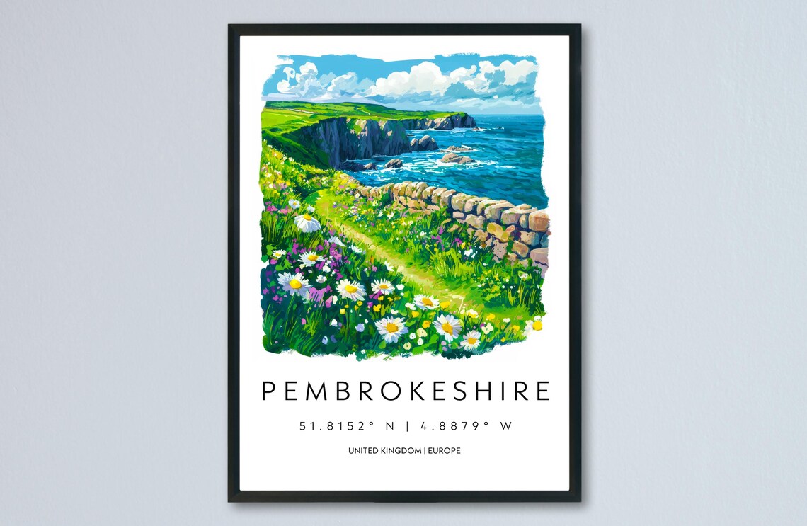 Pembrokeshire Coastal Cliffs Daisies Watercolor UK Travel Poster
