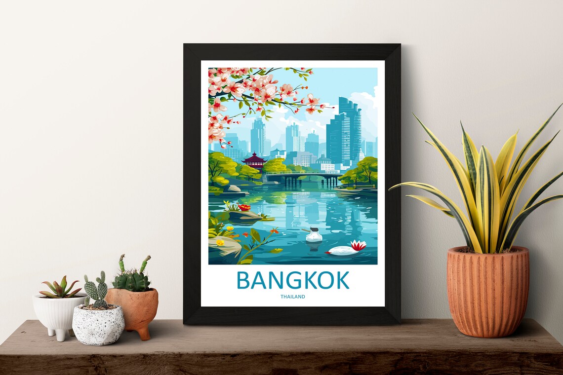 Bangkok Thailand Park Lake Skyline Blossom Vintage Travel Poster Art - Image 3