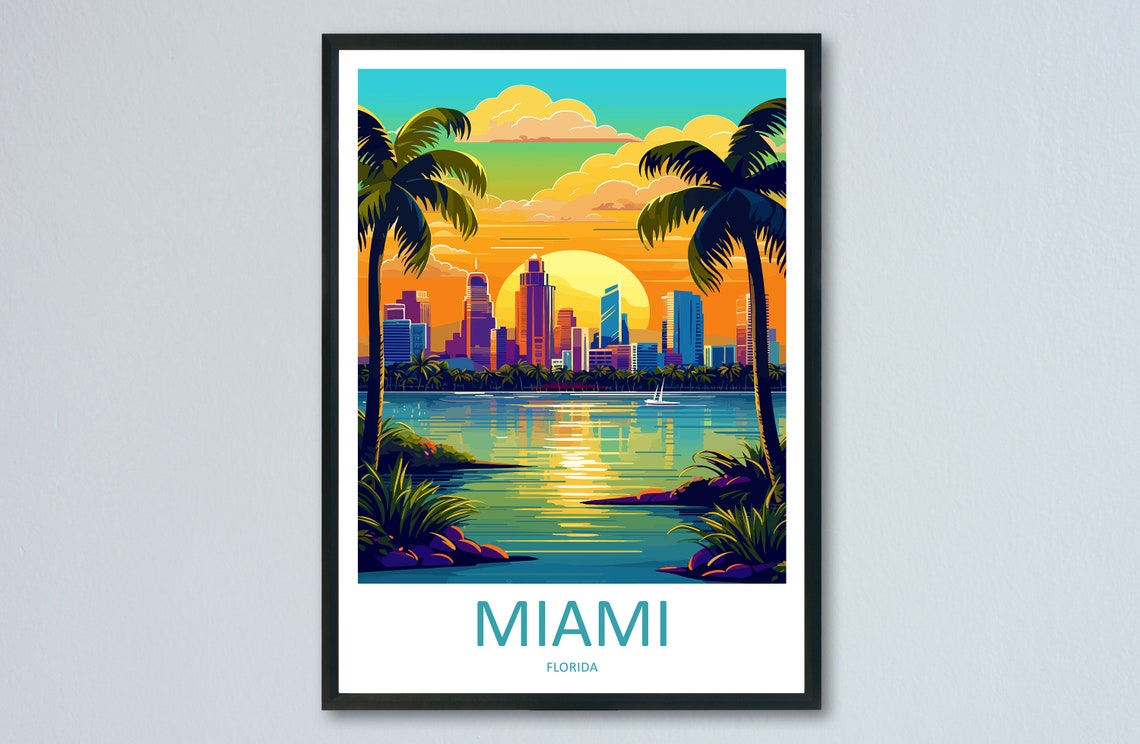 Miami Florida Sunset Skyline Palm Trees Illustrated Travel Poster