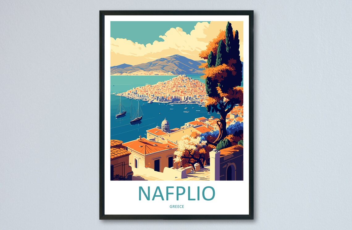 Nafplio Greece Coastal Panorama Sailboats Vintage Travel Poster Art