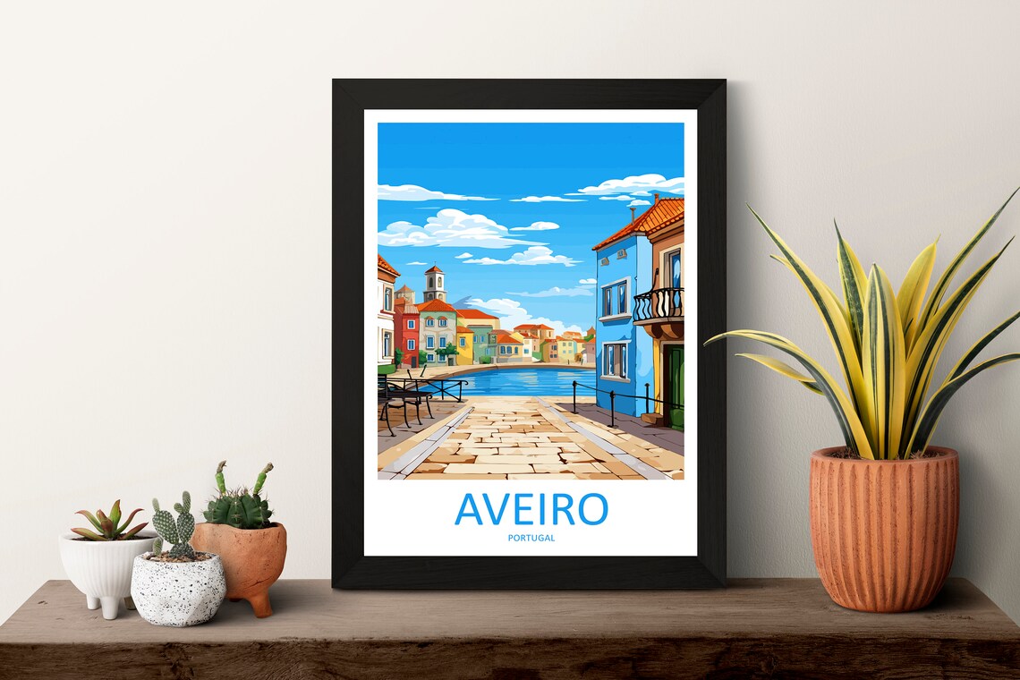 Aveiro Portugal Sunny Canal Promenade Terrace Cafes View Travel Poster - Image 3