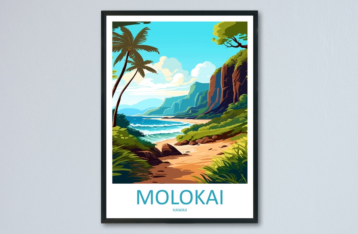 Molokai Hawaii Palm Fringed Beach Tropical Sea Cliffs Poster