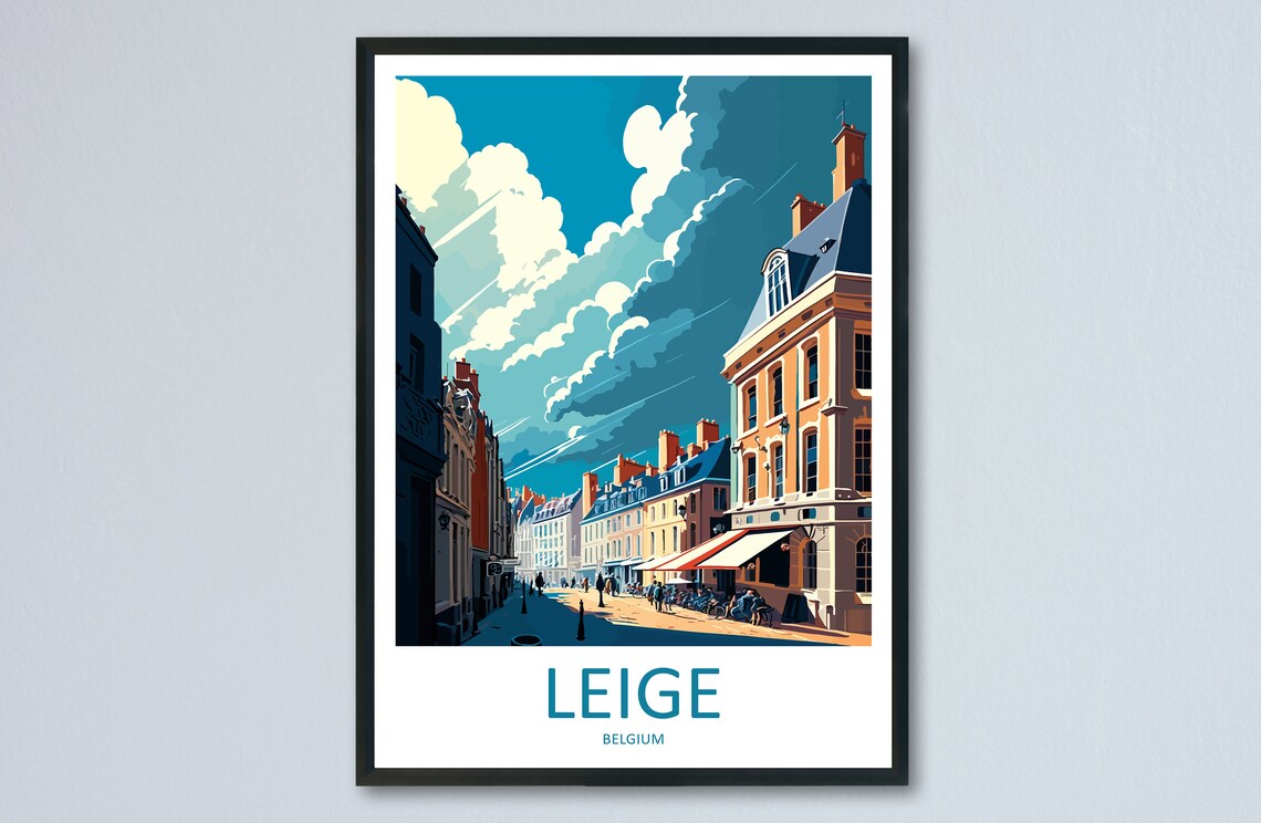 Leige Belgium Sunny Old Town Street Cafe Terrace Travel Poster