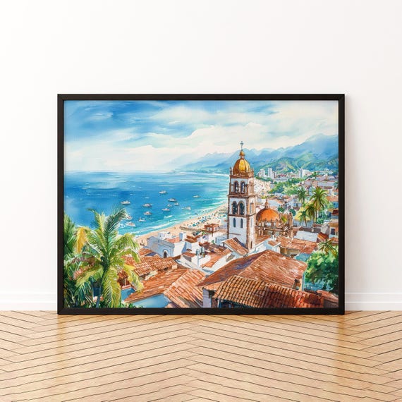 Puerto Vallarta Mexico Watercolor Poster Travel Print Beach Landscape Painting Wall Art Pacific Coast Souvenir