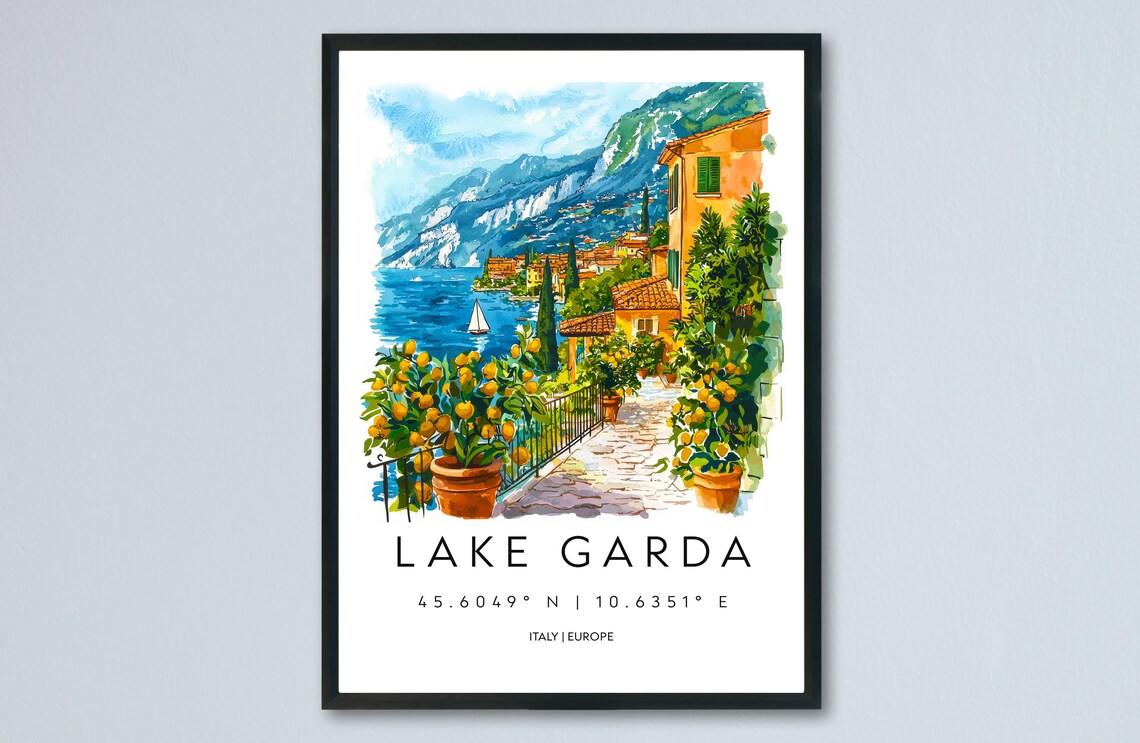 Lake Garda Italy Watercolor Orange Grove Terrace Lakeview Poster
