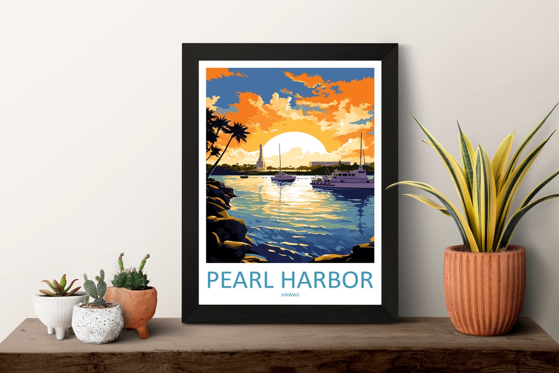 Pearl Harbor Hawaii Sunset Boats Silhouette Harbor Scene Poster - Image 3