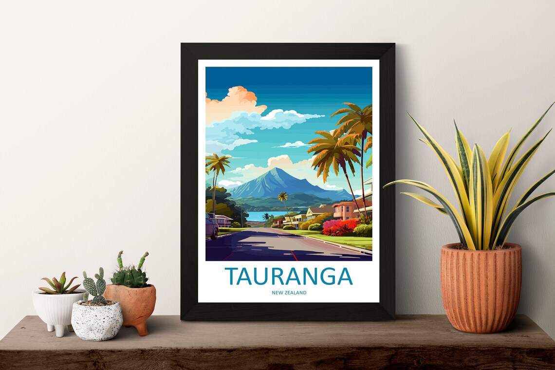 Tauranga New Zealand Sunny Palm Street Volcanic Peak View Poster - Image 3