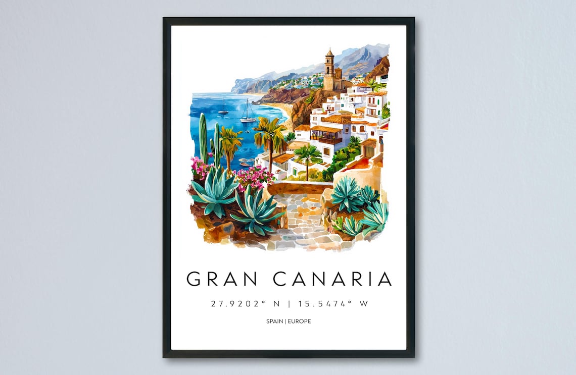 Gran Canaria Whitewashed Coastal Village Watercolor Travel Poster