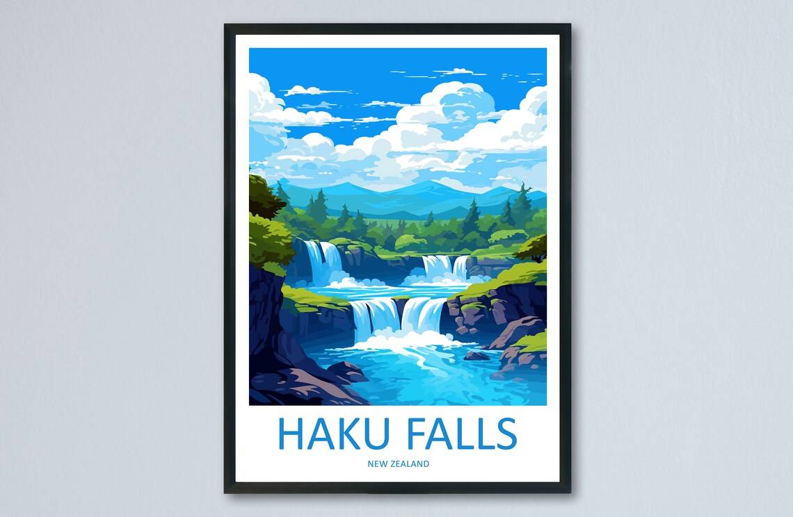 Haku Falls New Zealand Cascading Waterfall Blue Pools Travel Poster