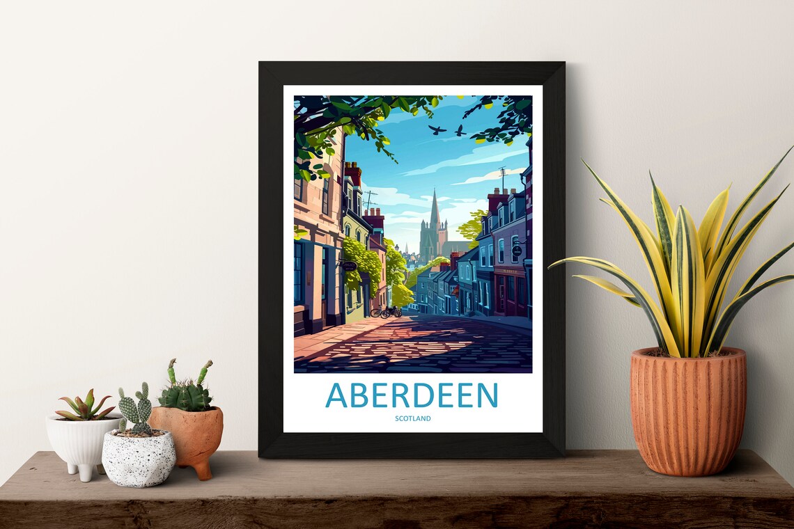 Aberdeen Scotland Church Spire Cobbled Street Evening Scene Poster - Image 3