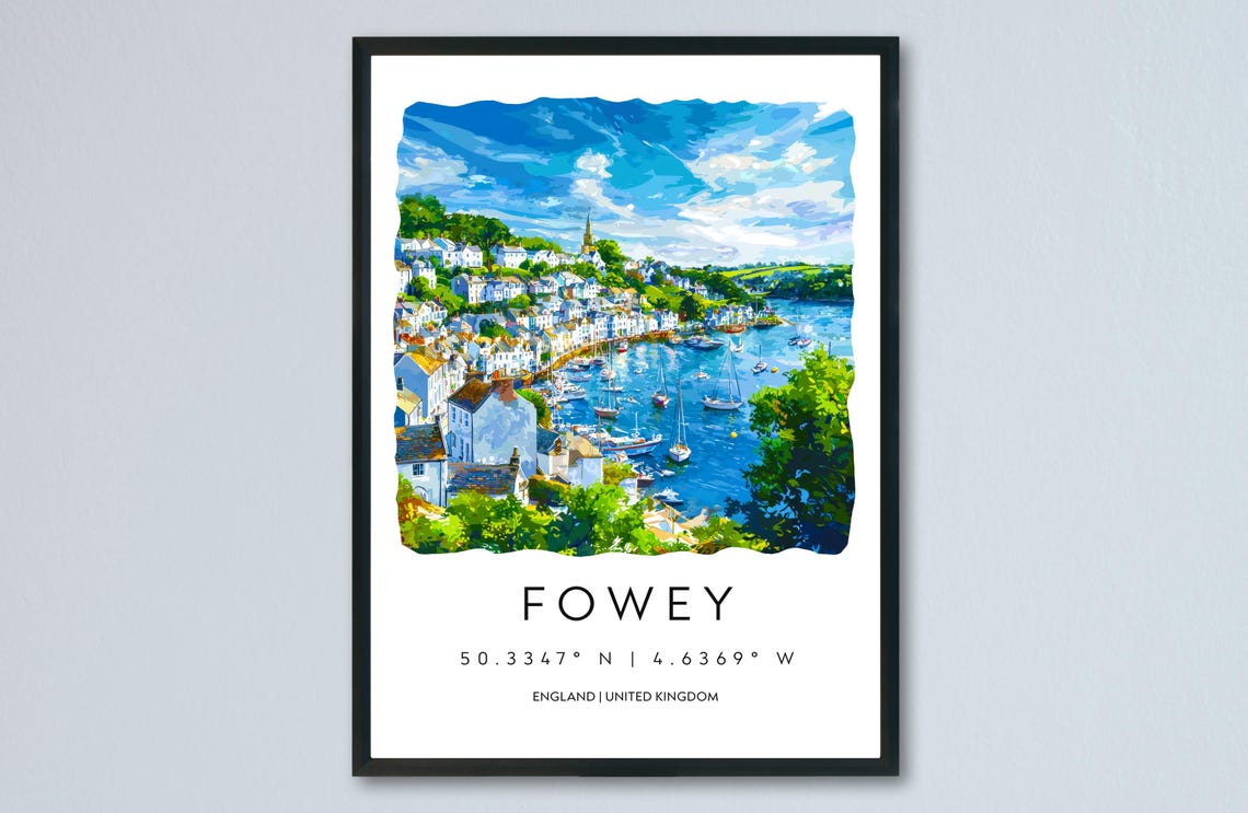 Fowey Cornwall England Coastal Harbor Watercolor Travel Poster