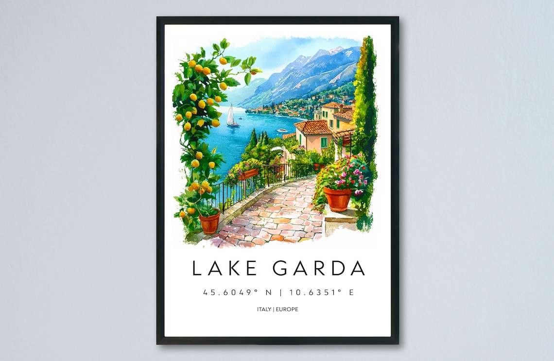 Lake Garda Italy Lemon Terrace Overlook Watercolor Travel Poster