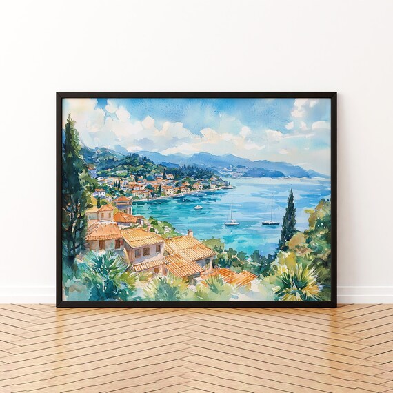Corfu Greece Watercolor Poster Coastal Bay With Sailboats And Cypress Trees