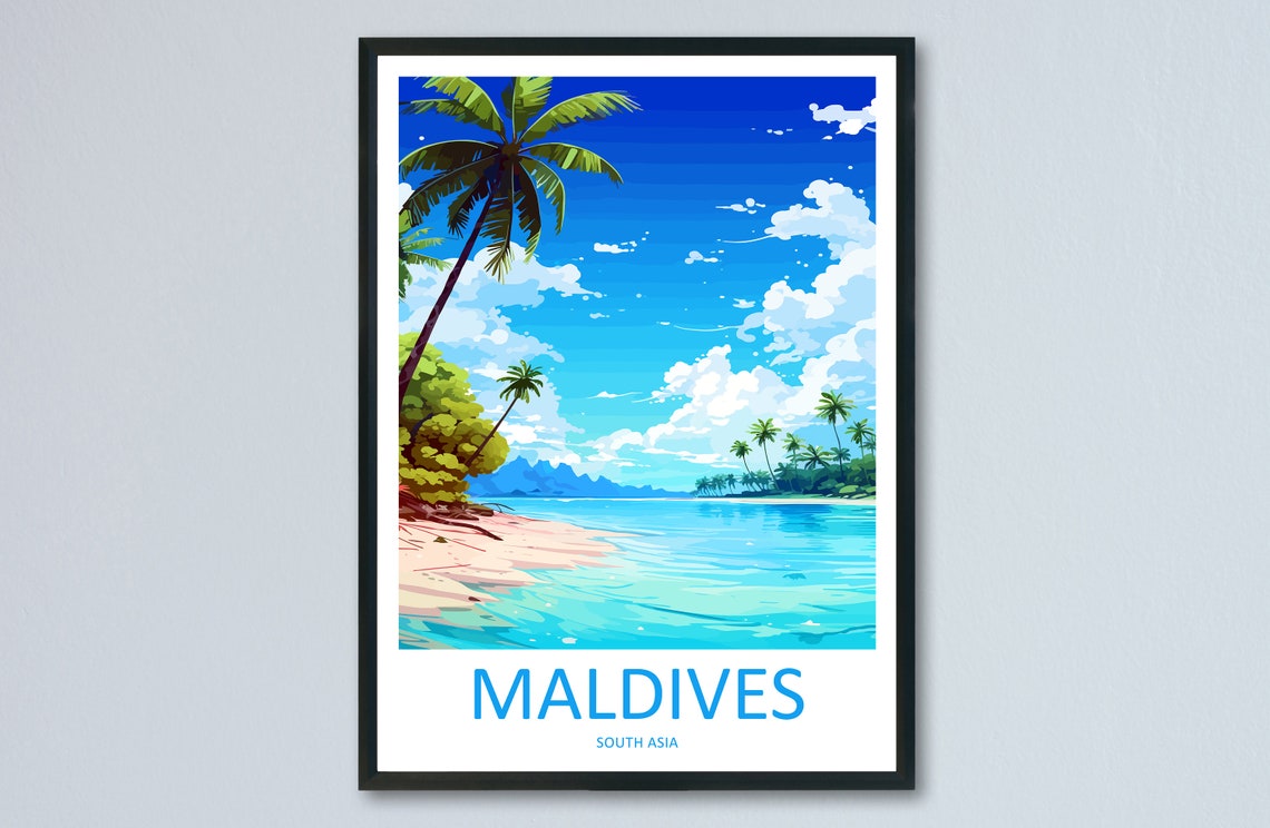 Maldives Tropical Beach Palm Trees Illustration Travel Poster