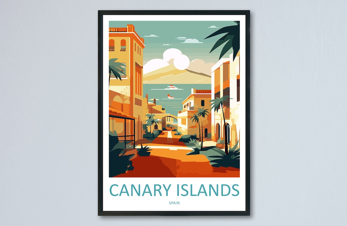Canary Islands Spain Golden Street Palms Volcano View Travel Poster