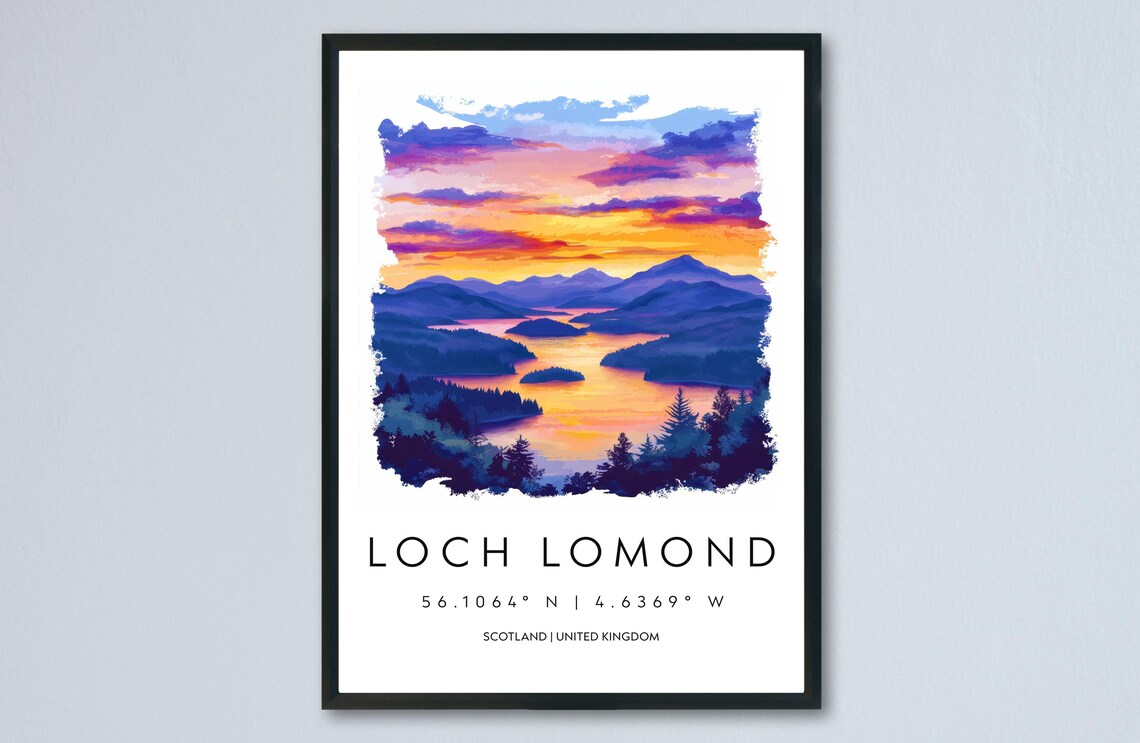 Loch Lomond Sunset Islands Reflections Scottish Lake Watercolor Poster