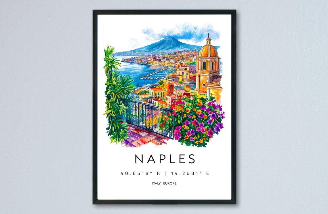 Naples Italy Vesuvius Bay View Watercolor Travel Coordinates Poster