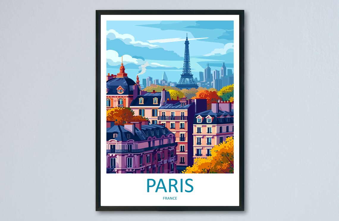 Paris France Eiffel Tower Autumn Skyline Rooftops Travel Poster Art