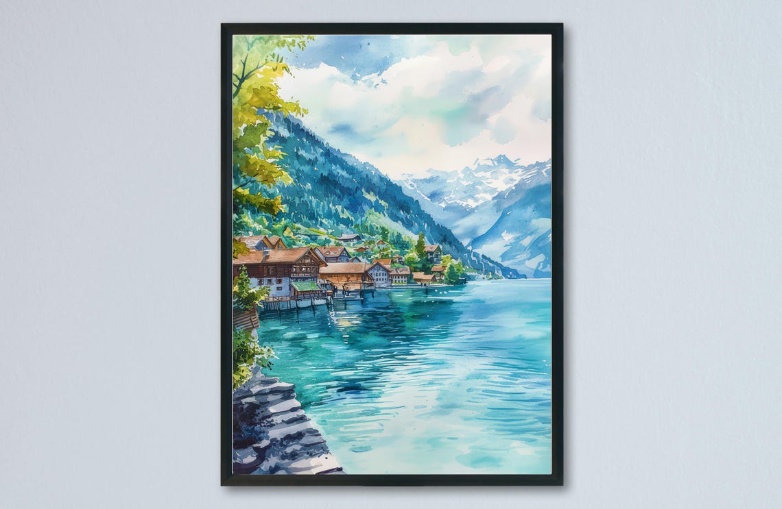 Brienz Turquoise Lake Lakeside Chalets Watercolor Travel Poster