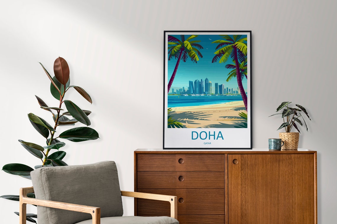 Doha Qatar Beach Skyline Palm Trees Arabian Gulf Travel Poster - Image 2