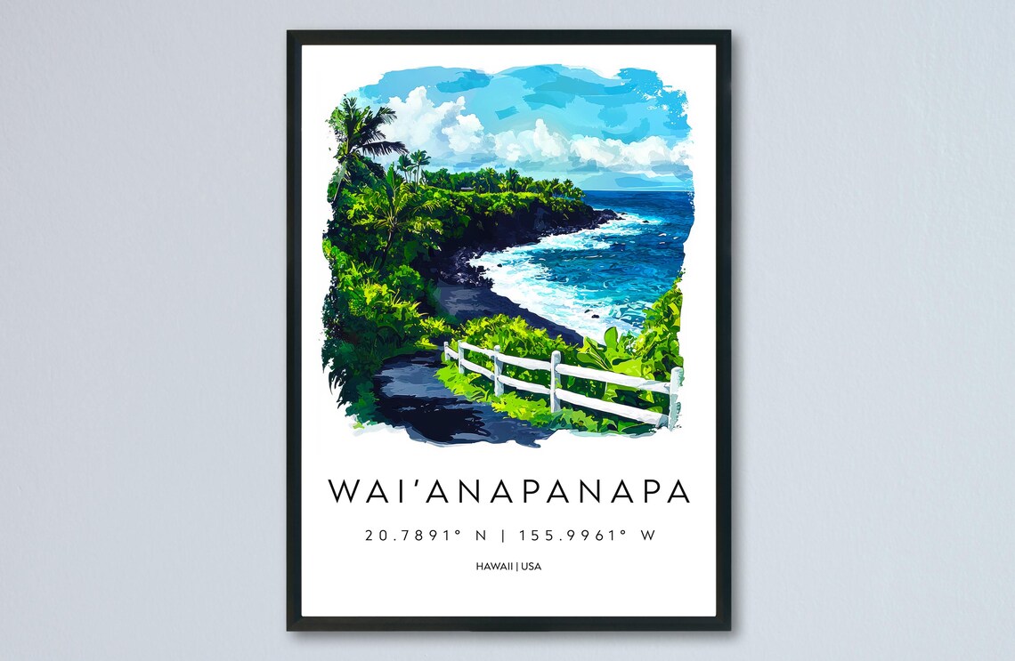 Waianapanapa Hawaii Black Sand Beach Watercolor Travel Poster