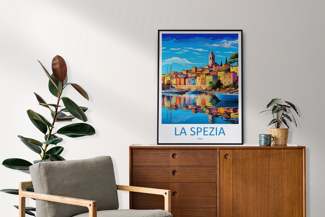 La Spezia Italy Colorful Harbor and Bell Tower Travel Poster Art - Image 2