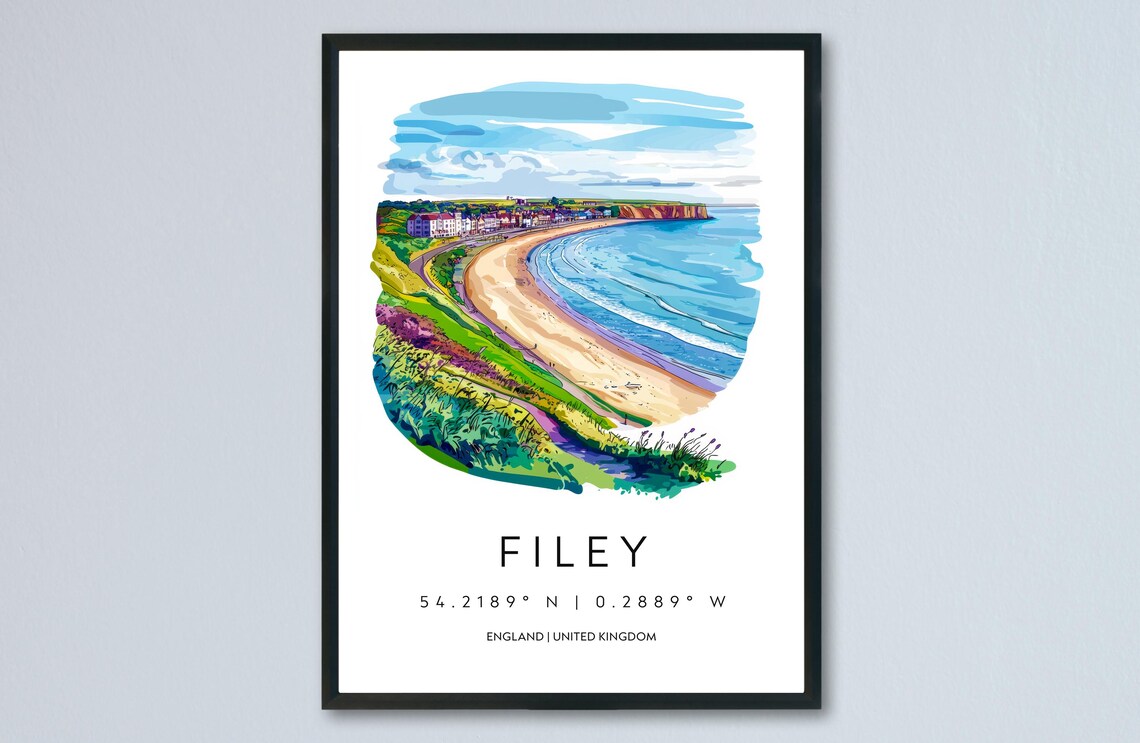 Filey Yorkshire Crescent Sandy Beach Sea Cliffs Watercolor Poster