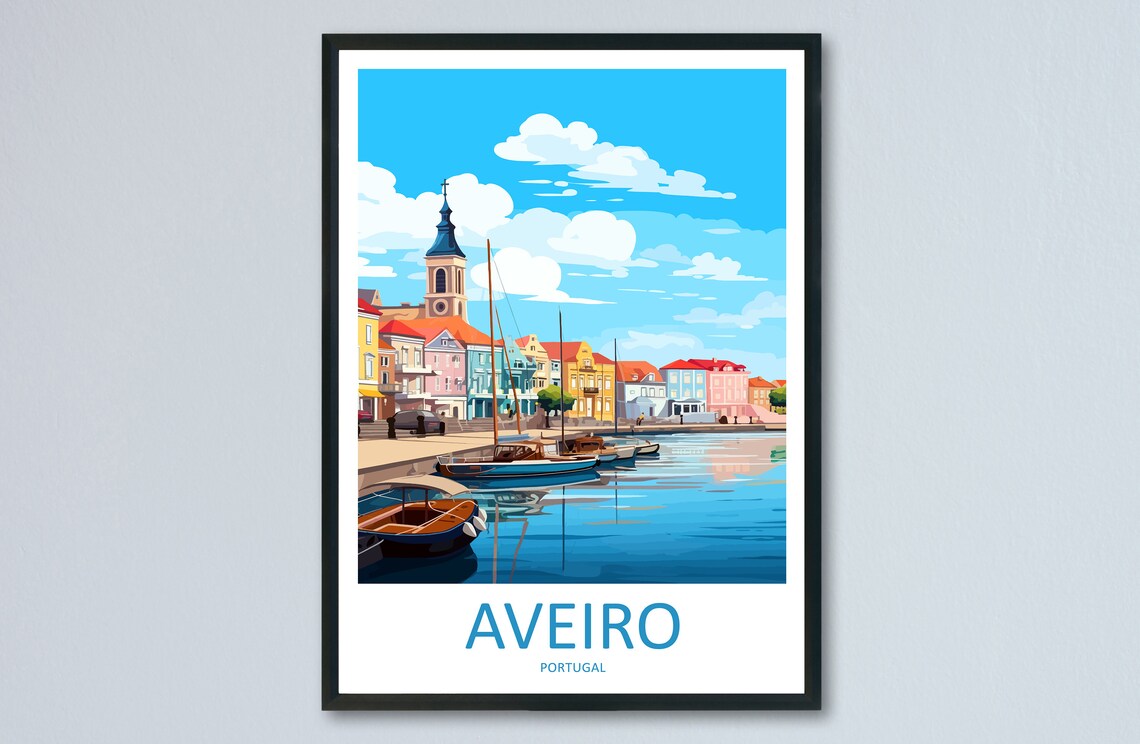 Aveiro Portugal Canal Waterfront Church Colorful Boats Travel Poster