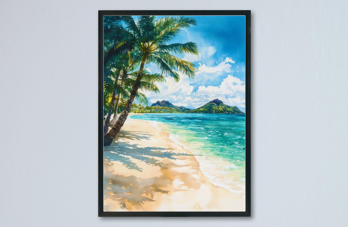 Tropical Beach With Tall Palm Trees and Mountain View Poster