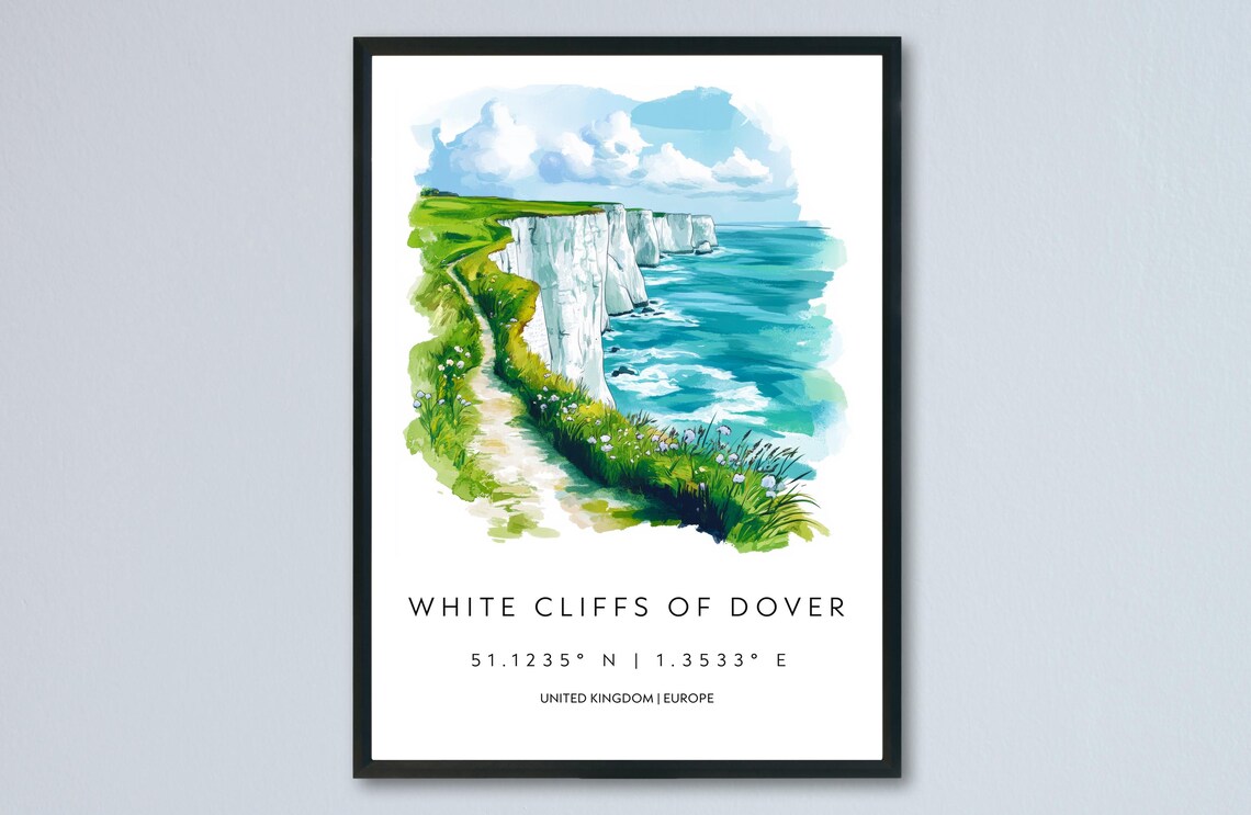 White Cliffs of Dover England Sea View Watercolor Travel Poster
