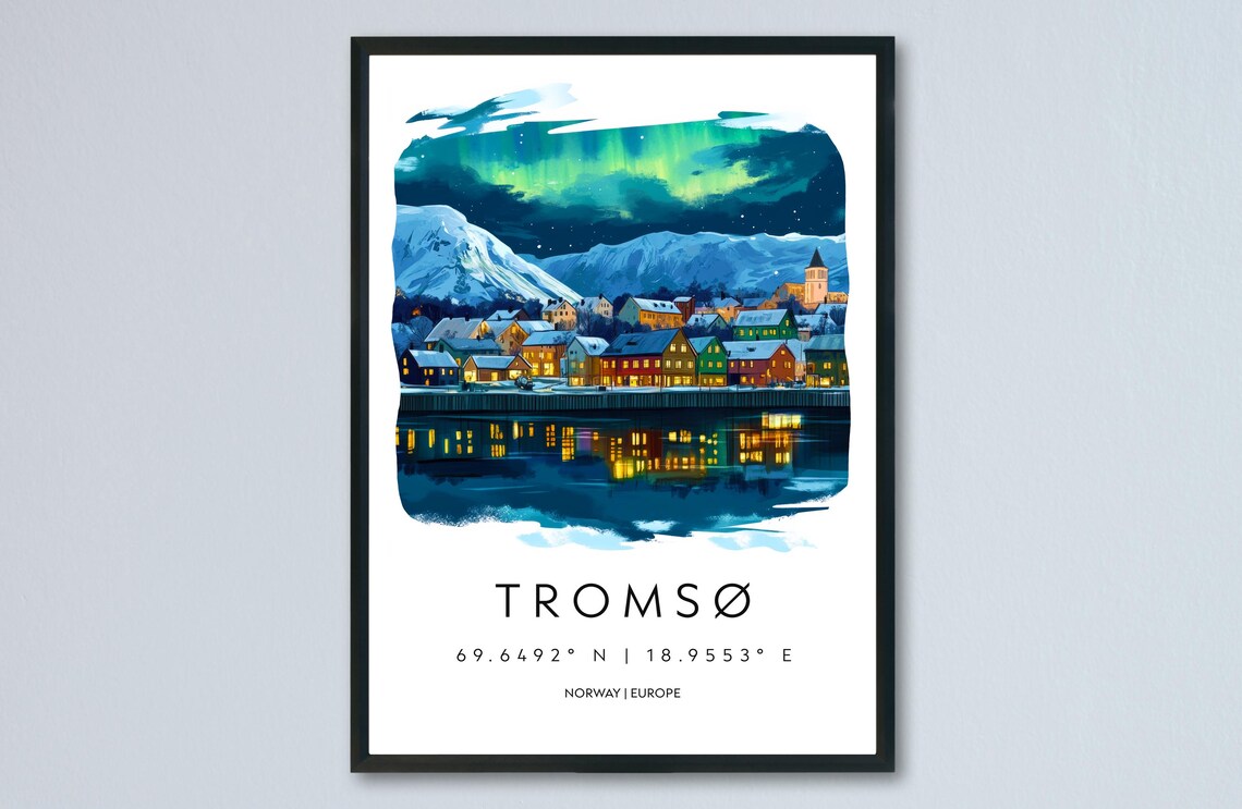 Tromso Norway Northern Lights Watercolor Travel Poster Coordinates