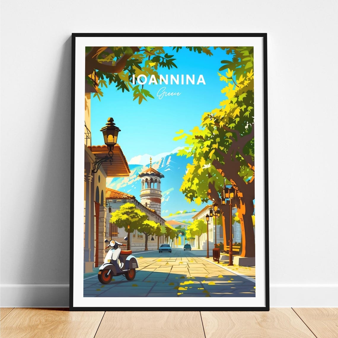 Ioannina Greece Sunny Street Scooter Travel Poster Illustration