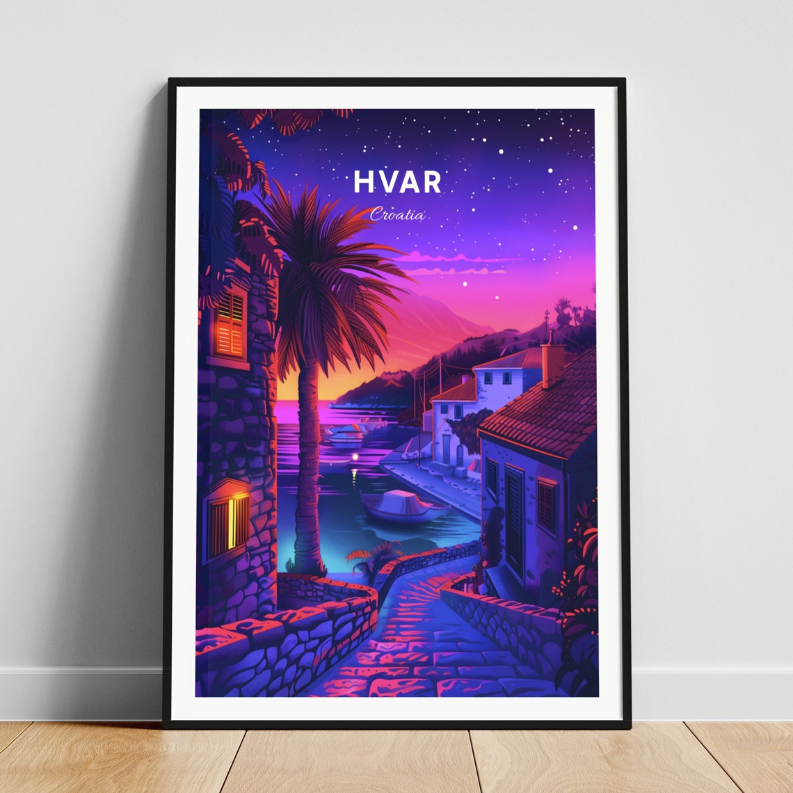 Dubrovnik Croatia Starry Night Bay Lights Mountain View Poster