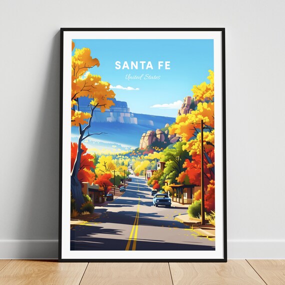Santa Fe New Mexico Autumn Street Red Rock Hills Vintage Travel Poster