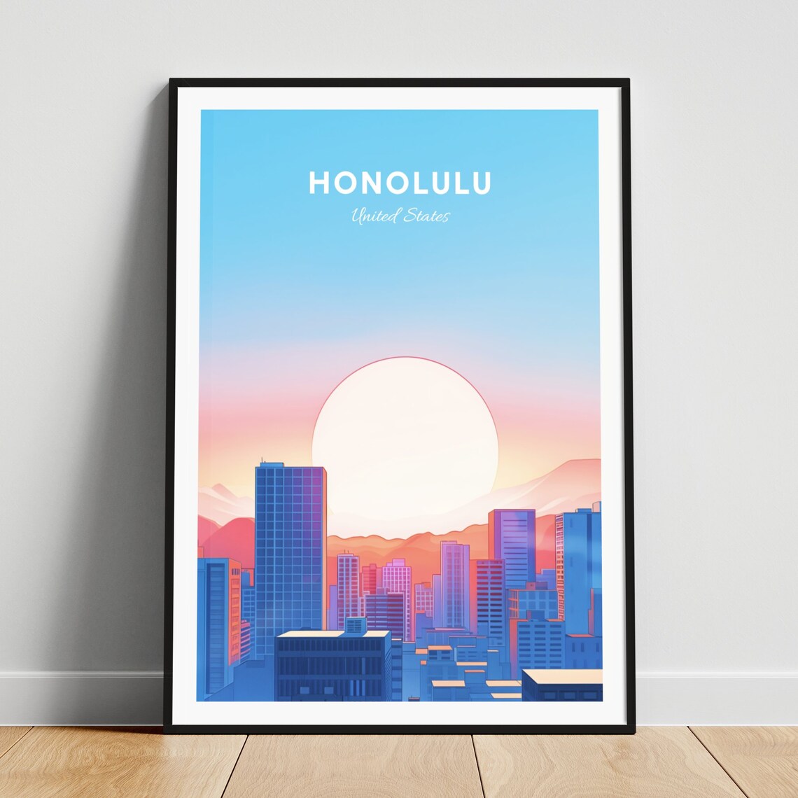 Honolulu Hawaii Skyline Beneath a Giant Rising Sun Travel Poster