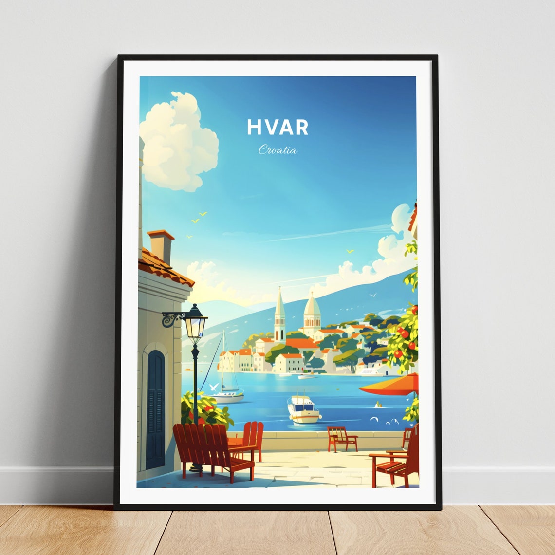 Hvar Croatia Seaside Terrace Church Spires Harbor View Poster