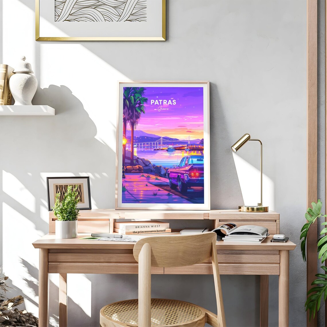Patras Greece Sunset Bridge Classic Car Purple Sky Travel Poster - Image 4