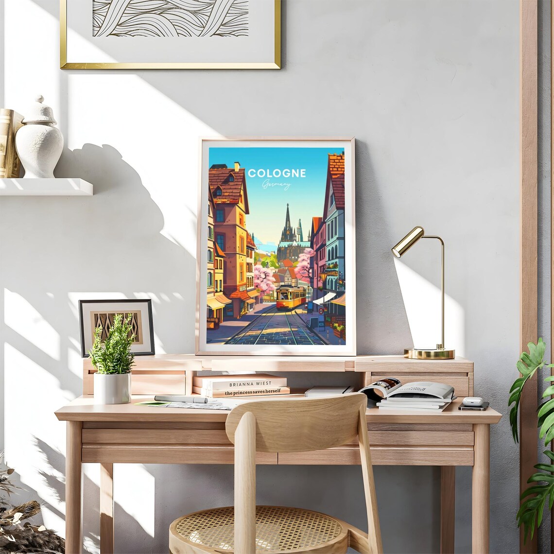 Cologne Cobblestone Street Tram Old Town Cathedral Travel Poster - Image 4