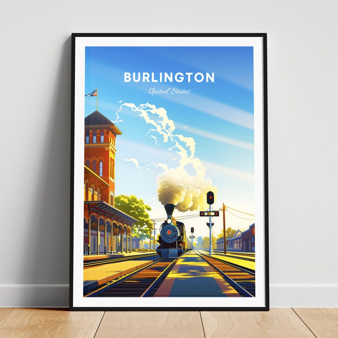 Burlington United States Steam Train at Historic Station Poster