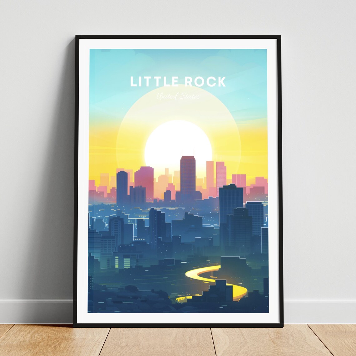 Little Rock Sunrise Skyline with a Winding Lit Road Below Poster