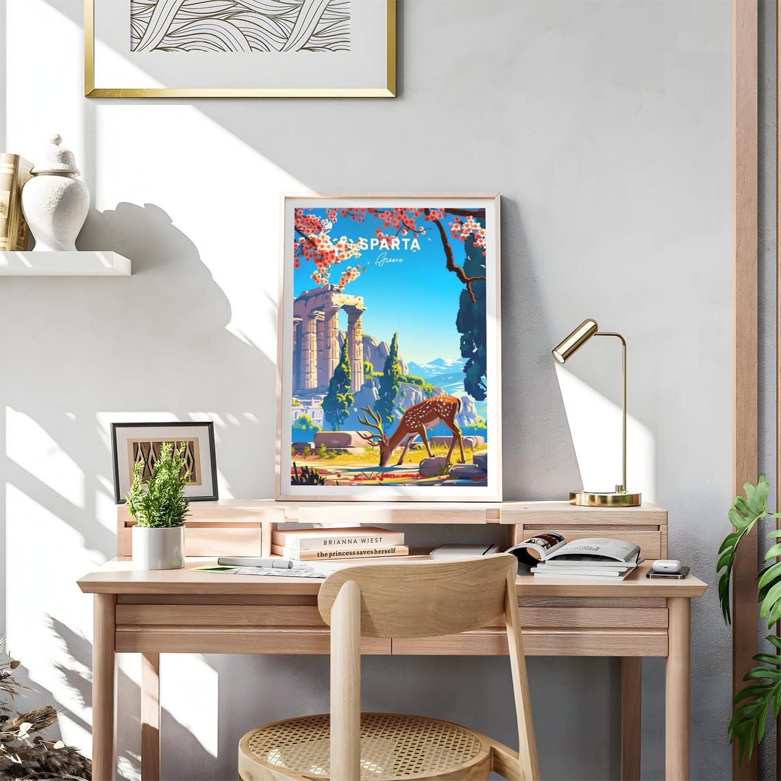 Sparta Greece Ancient Temple Ruins Grazing Deer Blossom Travel Poster - Image 4
