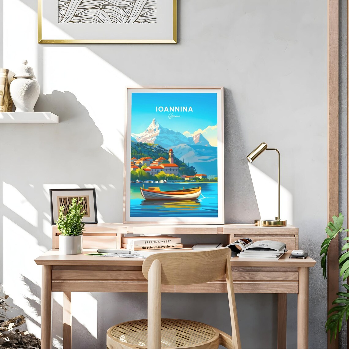 Ioannina Greece Snow Mountain Village Rowboat Travel Art Poster - Image 4