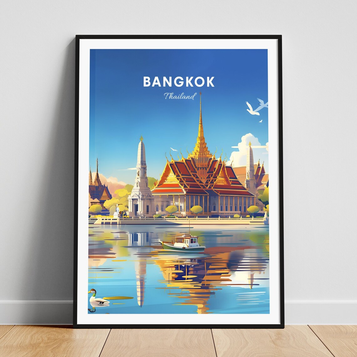 Bangkok Thailand Grand Palace Golden Spires Riverside Travel Poster