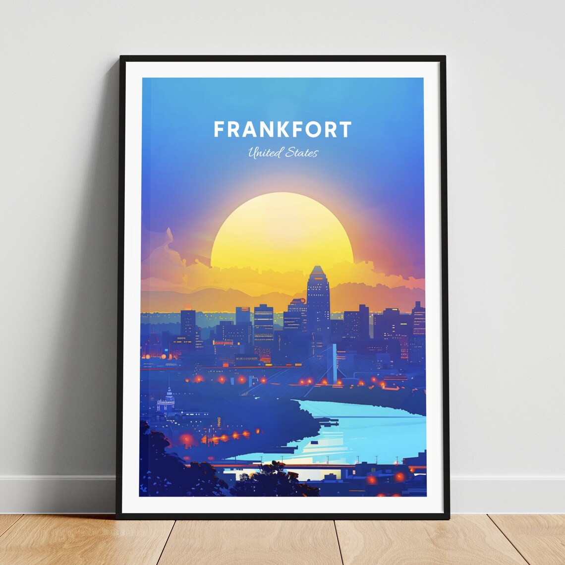 Frankfort Kentucky Sunset Skyline Giant Sun City Lights Travel Poster