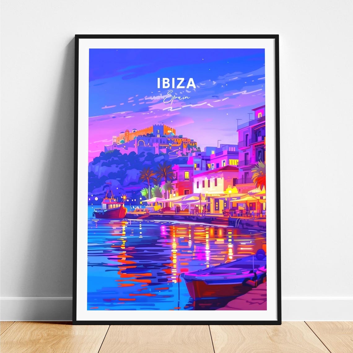 Ibiza Spain Neon Night Harbor Old Town Lights Reflections Poster