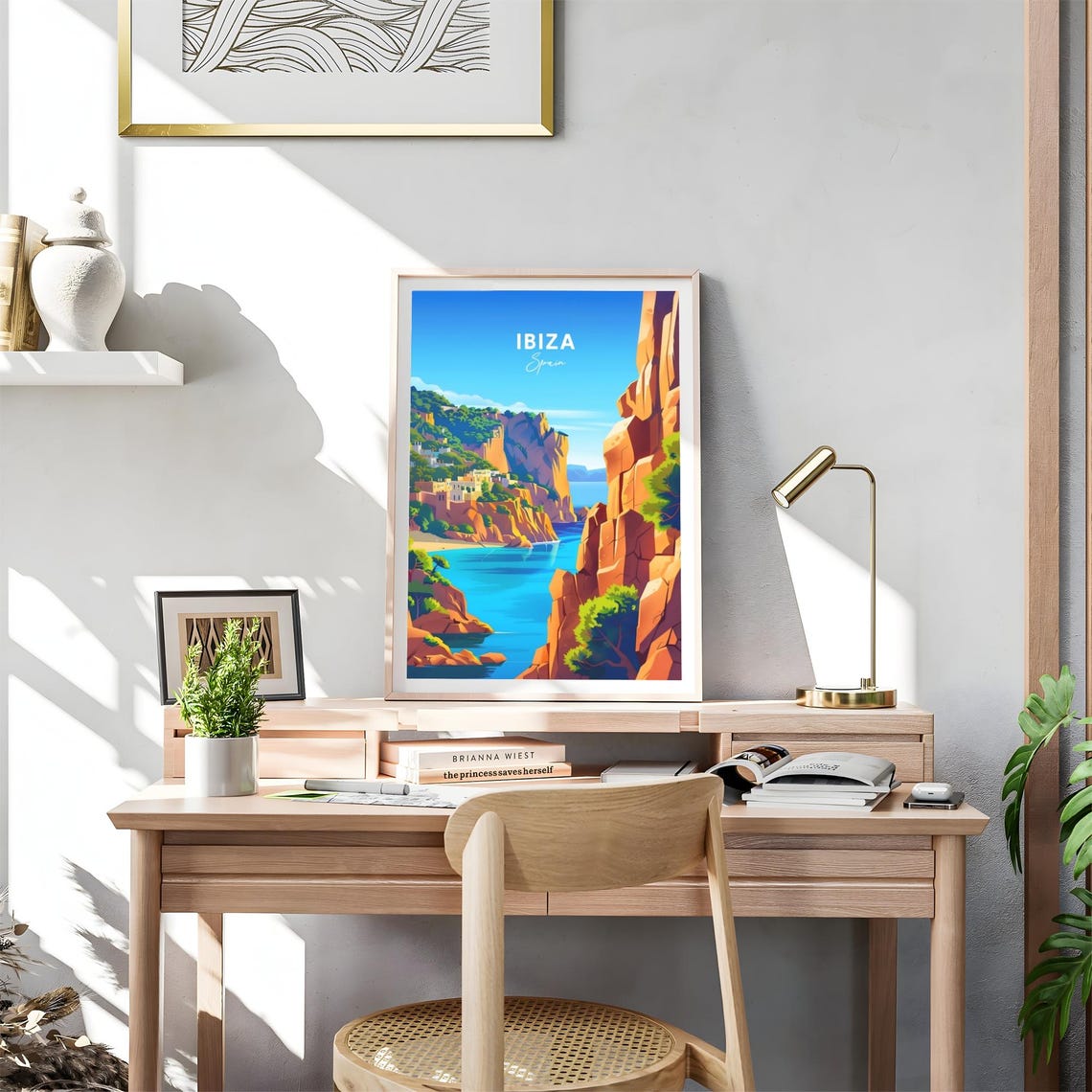 Ibiza Spain Sunlit Red Cliffs Turquoise Bay Cliffside Village Poster - Image 4
