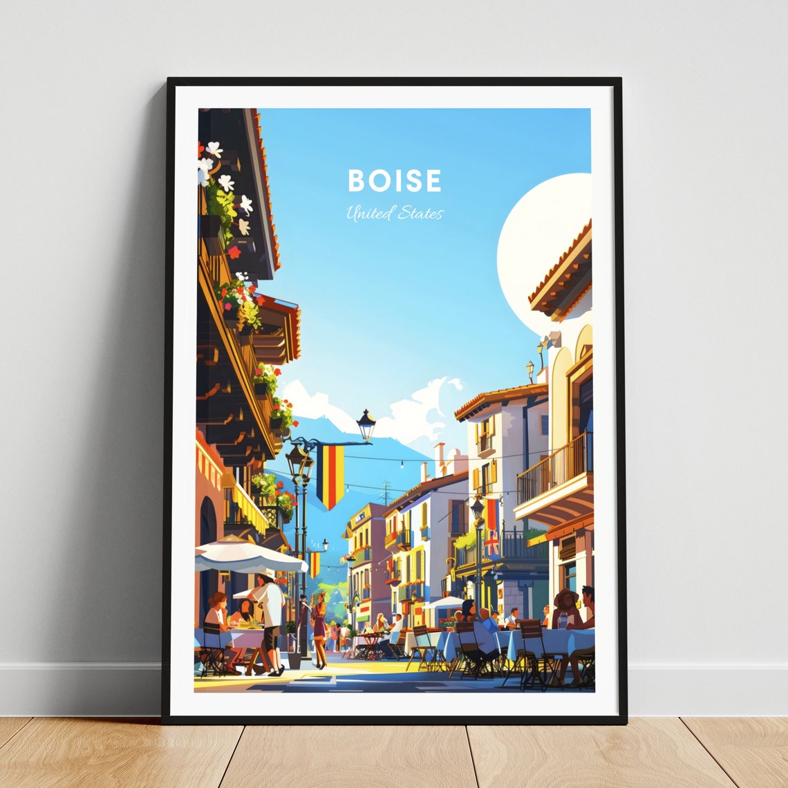 Boise Idaho Old Town Street Cafes Flags Sunny Day Travel Poster